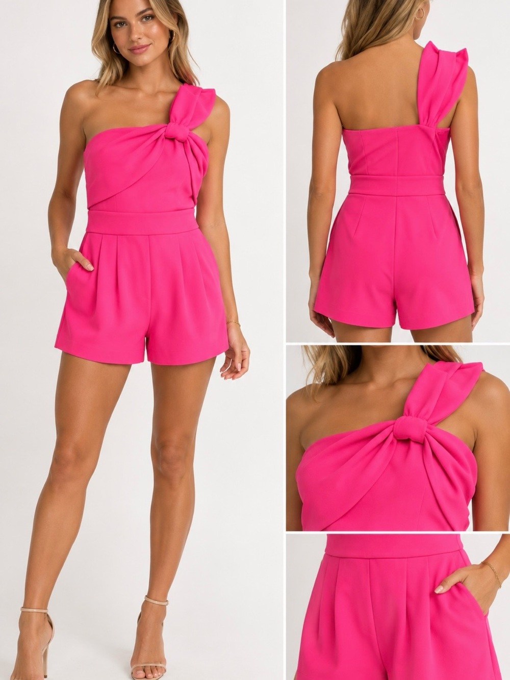 Express Hot Pink One-Shoulder Knot Romper
